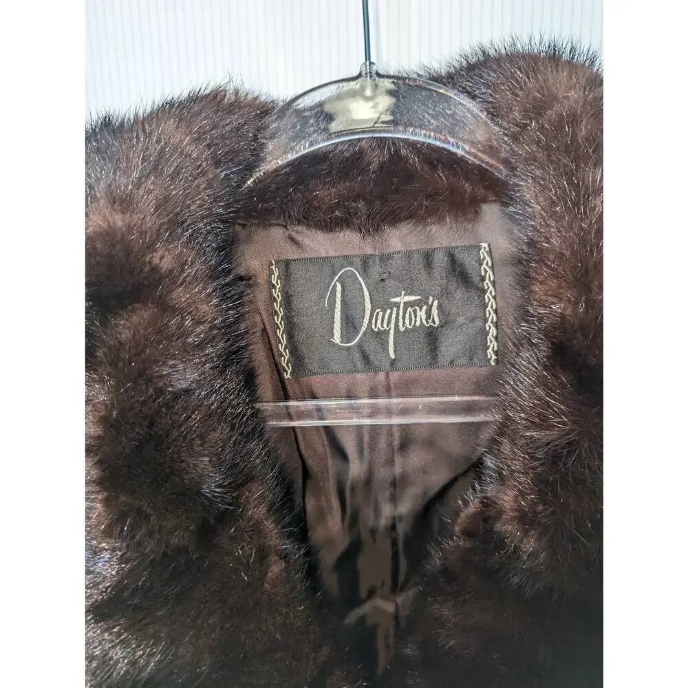 Vintage 70's Dayton's Black Leather Coat with Fur Accents Tie Waist Black Brown - Picture 3 of 14